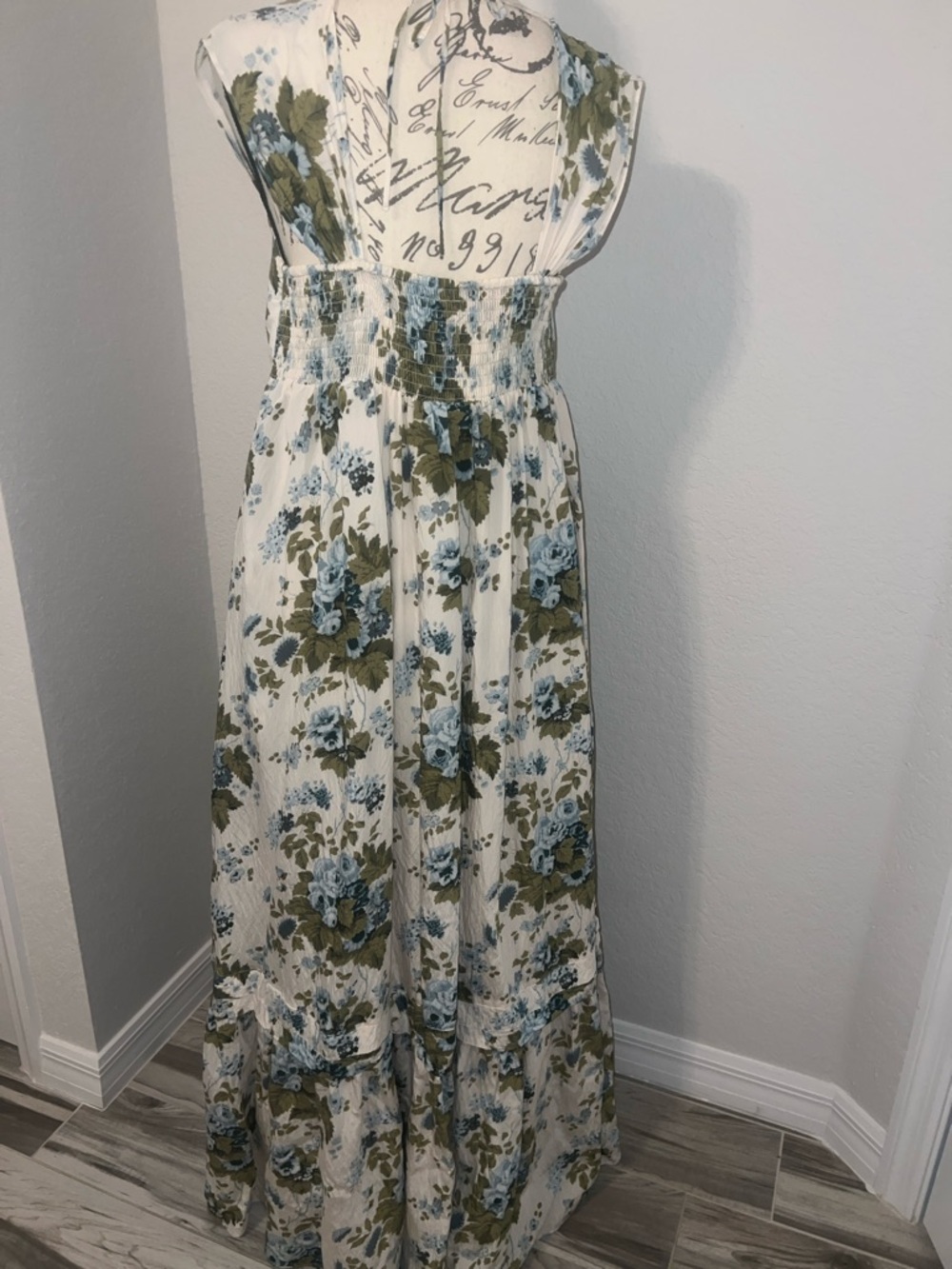 Anthropologie Cream Maxi Dress with Blue and Olive Floral Print - Picture 3 of 8